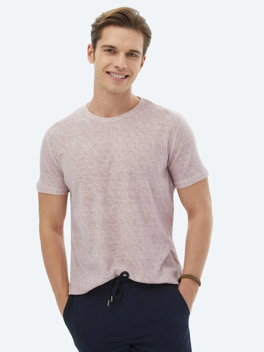 Dusty Rose Color Printed Crew Neck Cotton Blended T-Shirt - 1