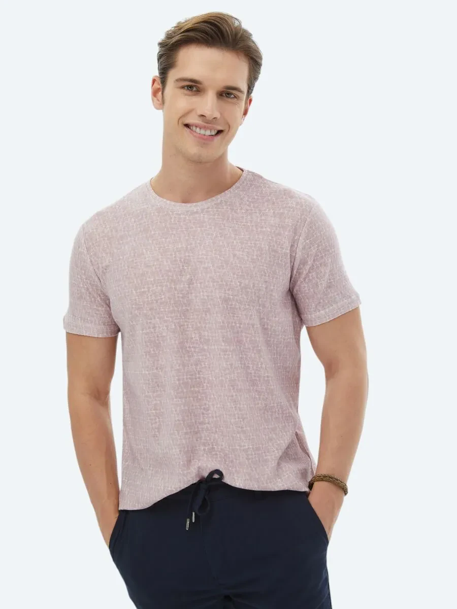 Dusty Rose Color Printed Crew Neck Cotton Blended T-Shirt - 1