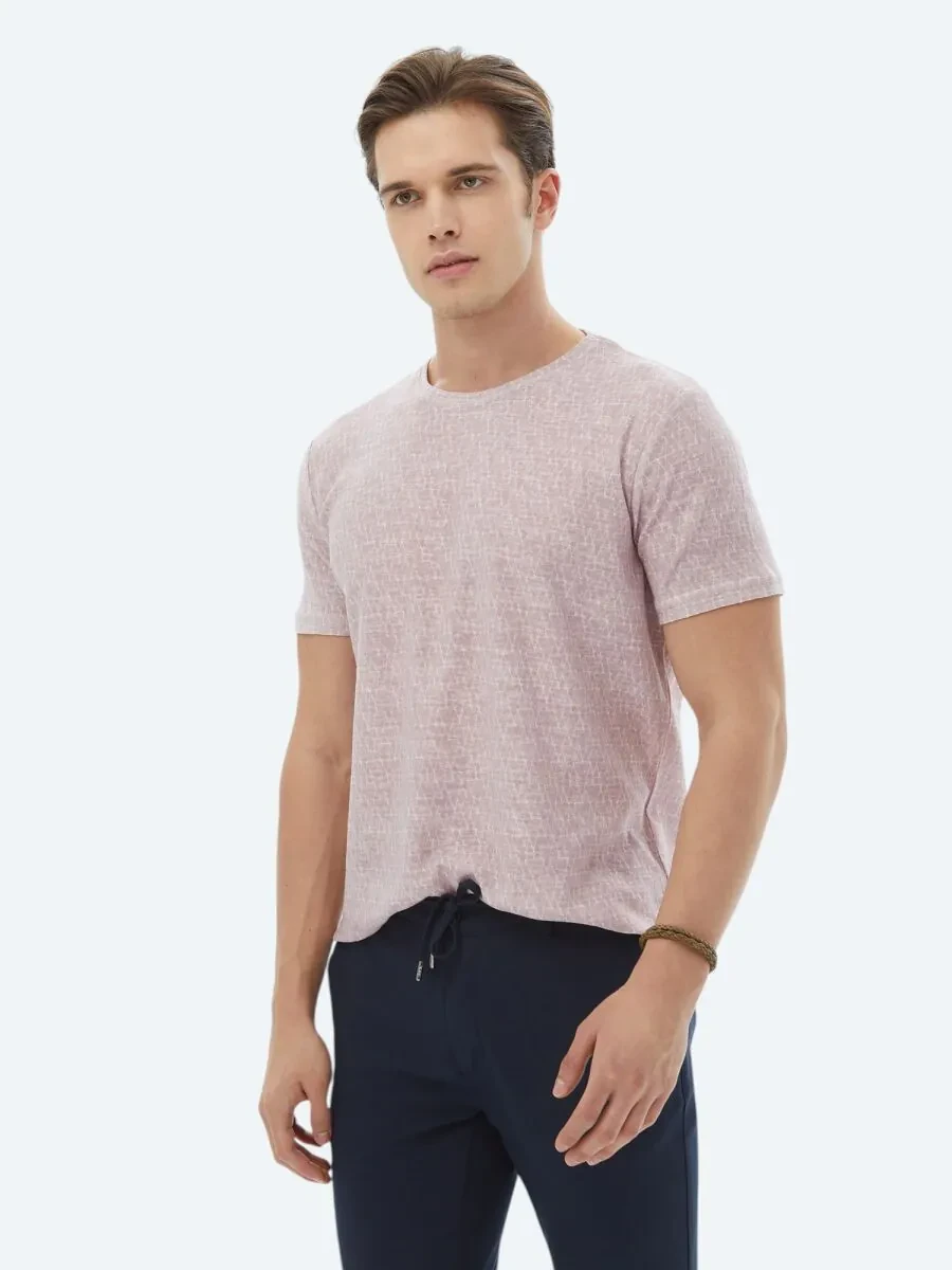Dusty Rose Color Printed Crew Neck Cotton Blended T-Shirt - 3