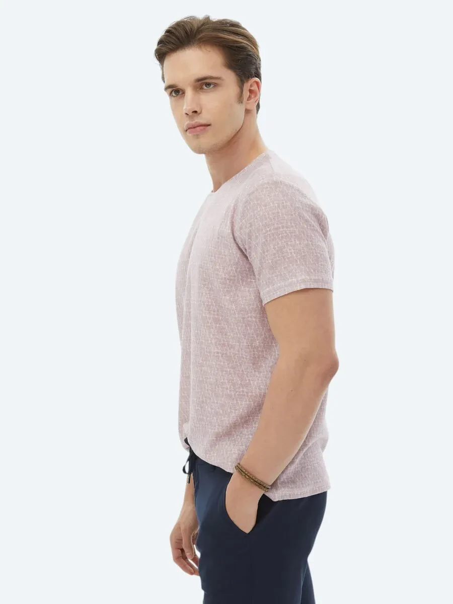 Dusty Rose Color Printed Crew Neck Cotton Blended T-Shirt - 4