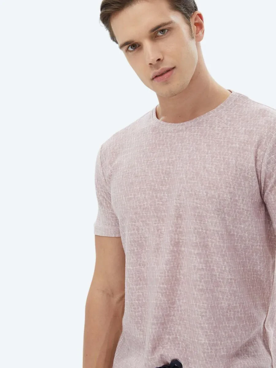 Dusty Rose Color Printed Crew Neck Cotton Blended T-Shirt - 5