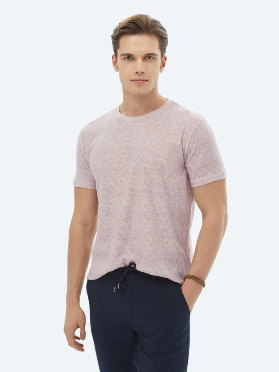 Dusty Rose Color Printed Crew Neck Cotton Blended T-Shirt - 6
