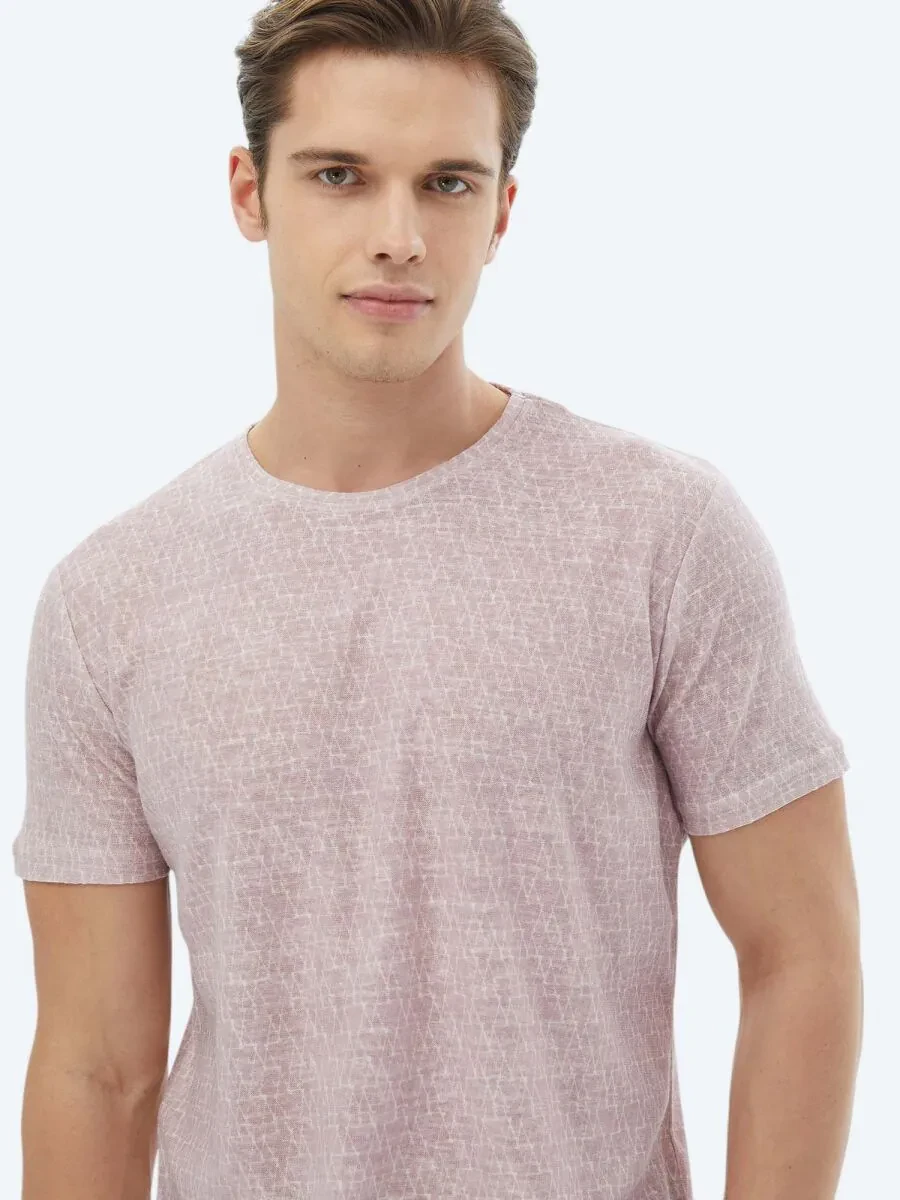 Dusty Rose Color Printed Crew Neck Cotton Blended T-Shirt - 8