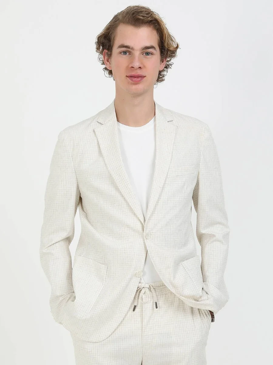 Ecru Checkered Modern Fit Linen Blended Suit - 3