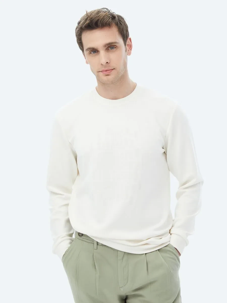 Ecru Crew Neck Printed Sweatshirt - 1