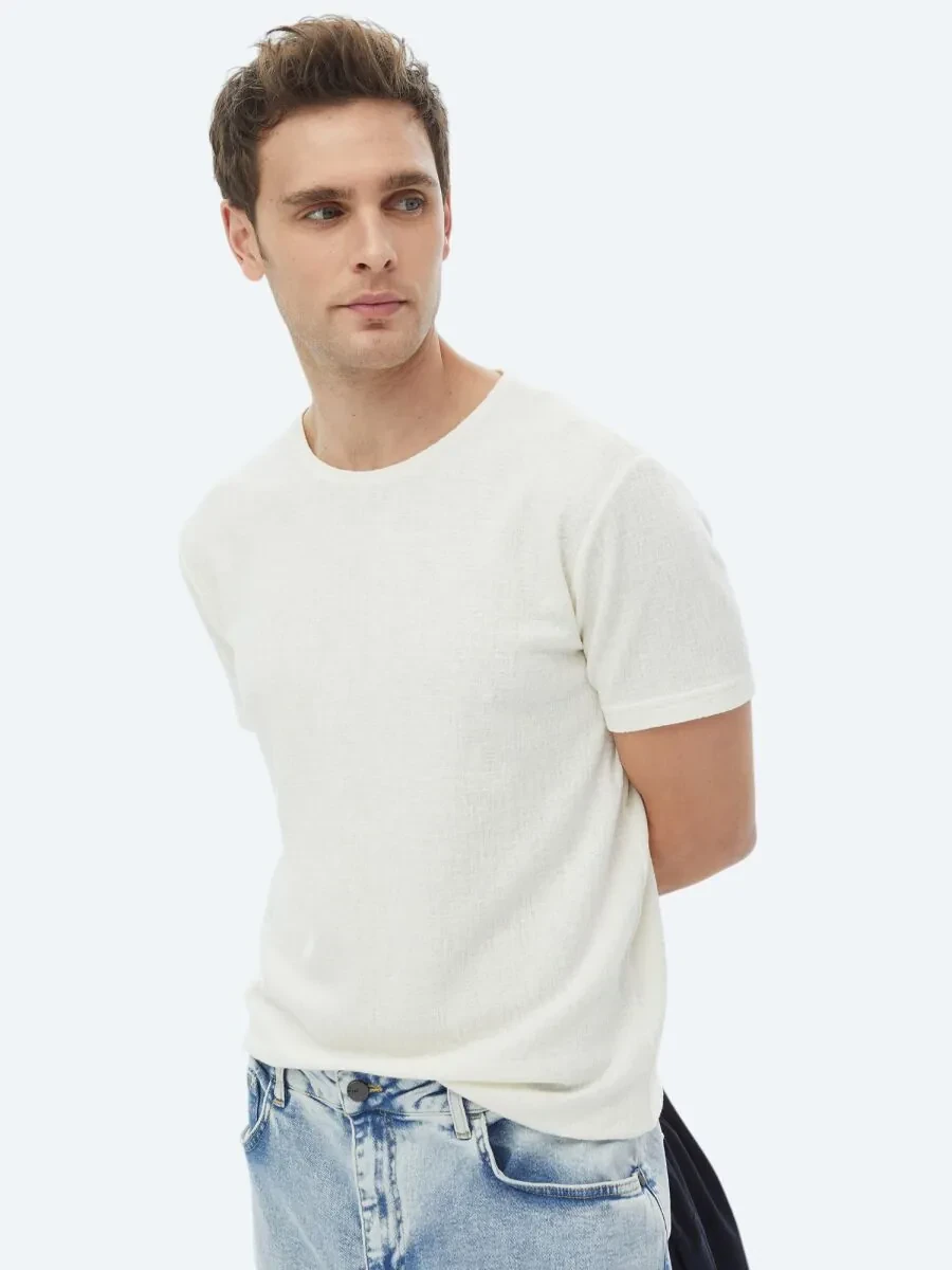 Ecru Jacquard Crew Neck Cotton Blended T-Shirt - 1