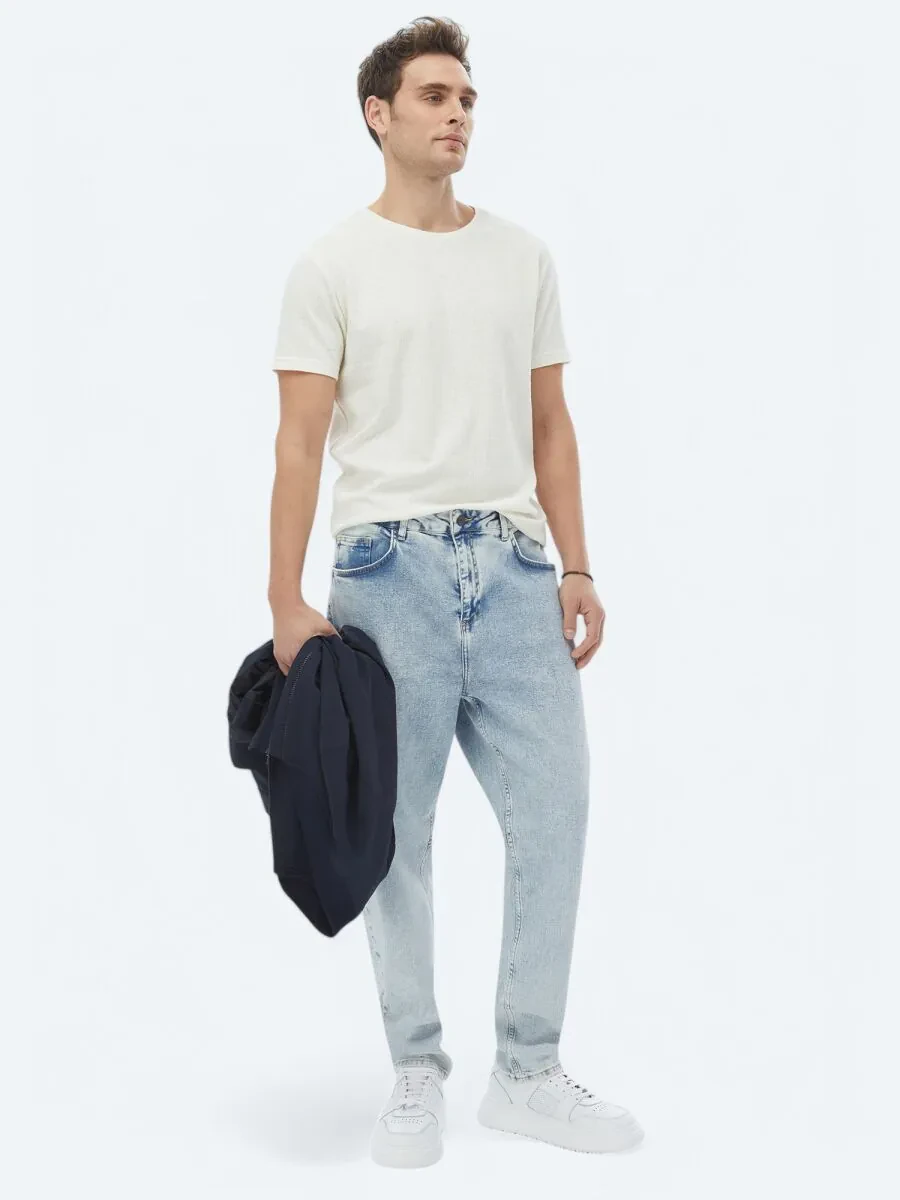 Ecru Jacquard Crew Neck Cotton Blended T-Shirt - 2