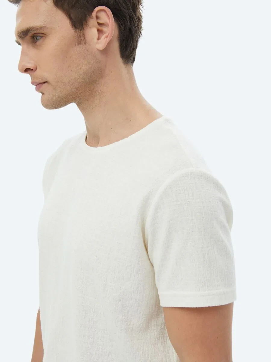 Ecru Jacquard Crew Neck Cotton Blended T-Shirt - 3