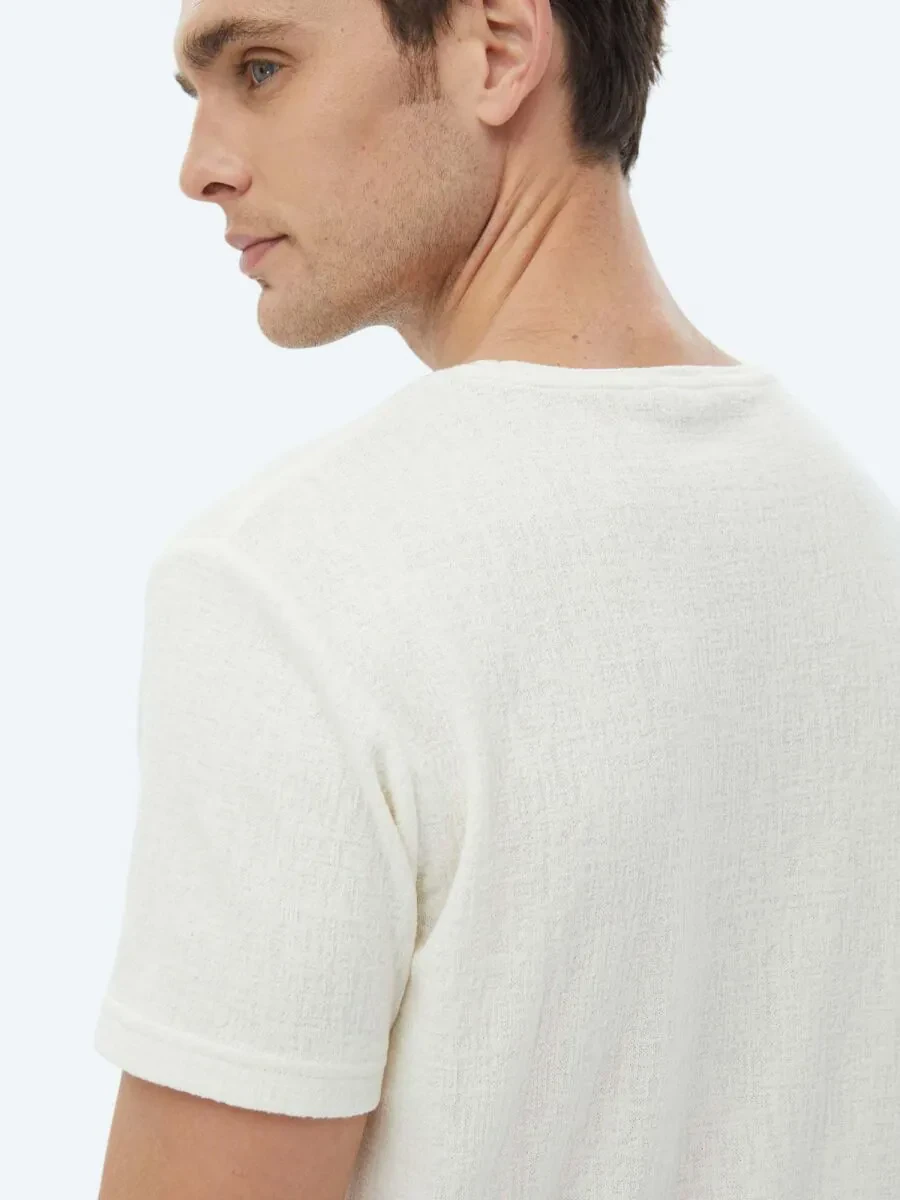 Ecru Jacquard Crew Neck Cotton Blended T-Shirt - 5