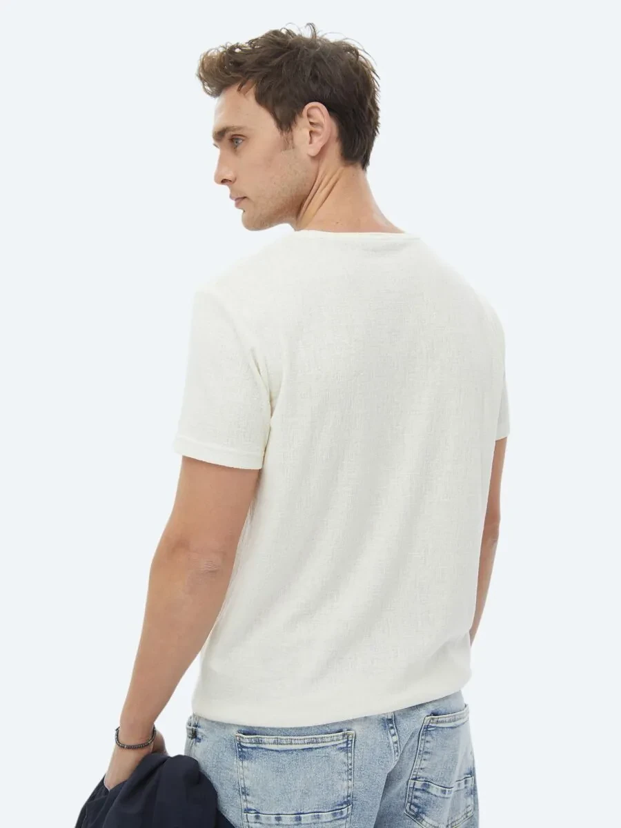 Ecru Jacquard Crew Neck Cotton Blended T-Shirt - 6