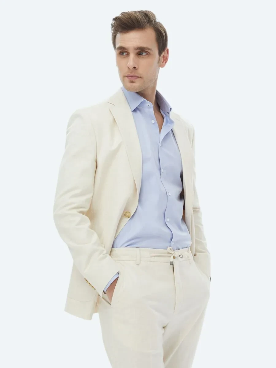 Ecru Patterned Modern Fit Cotton Blended Suit - 1