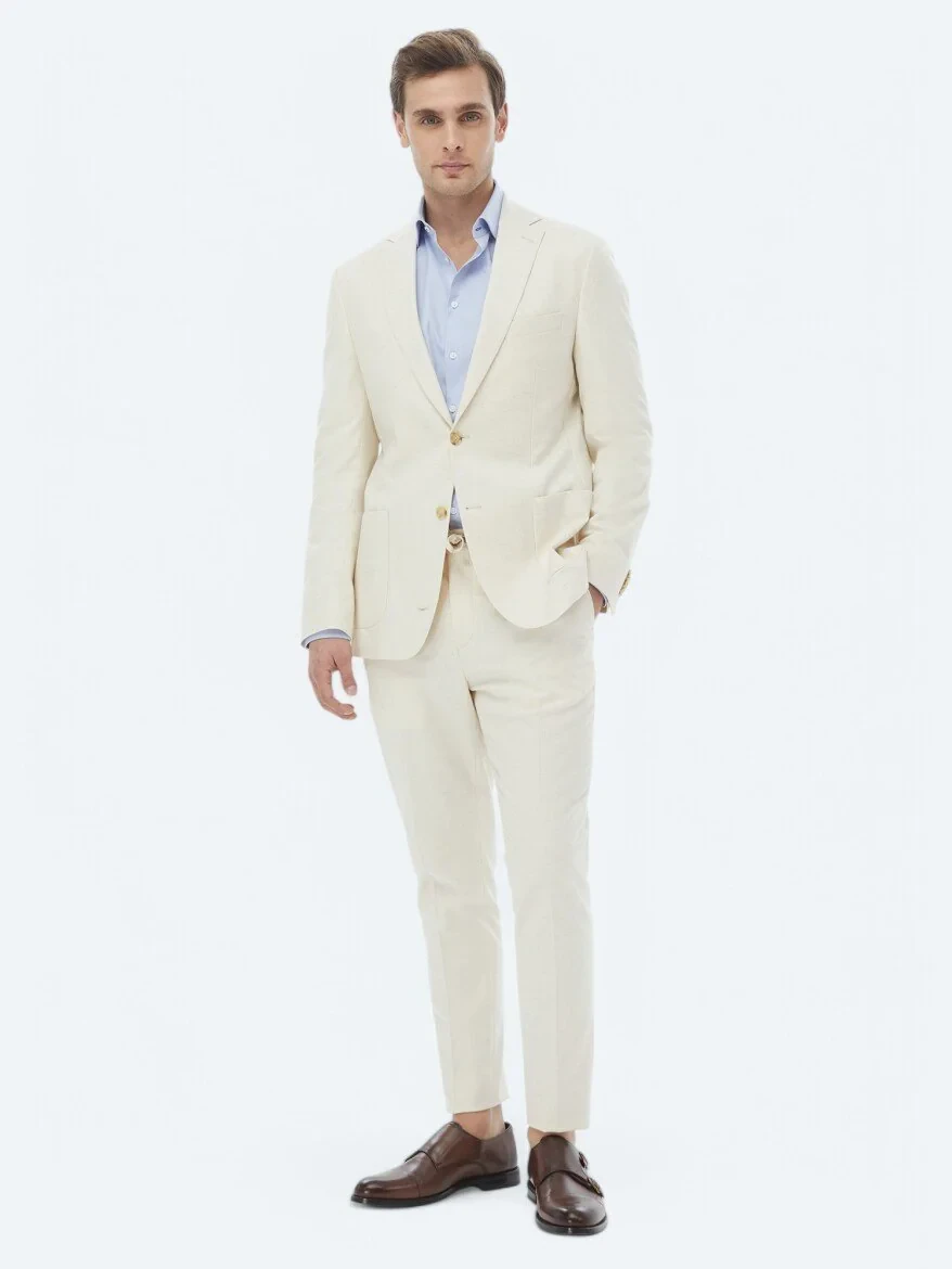 Ecru Patterned Modern Fit Cotton Blended Suit - 2