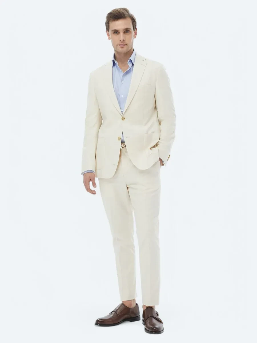 Ecru Patterned Modern Fit Cotton Blended Suit - 2