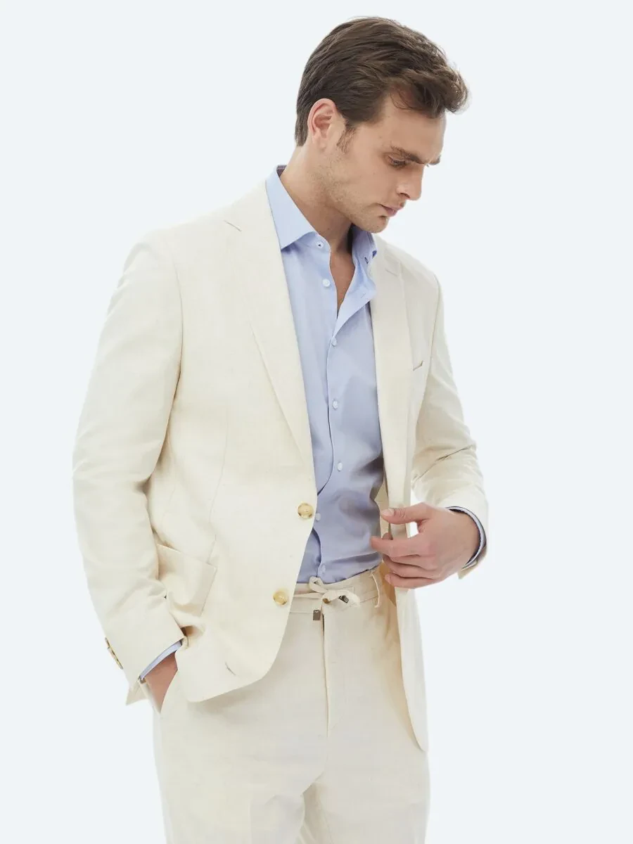 Ecru Patterned Modern Fit Cotton Blended Suit - 3