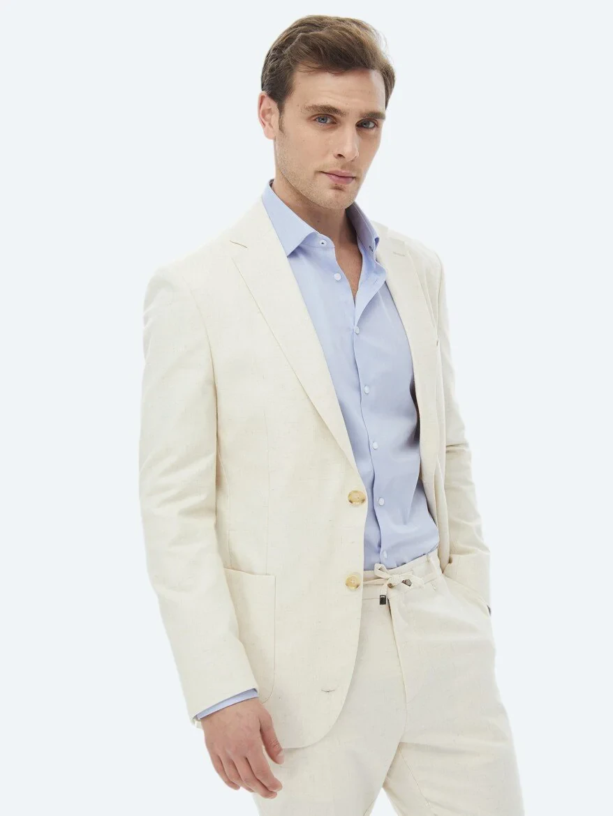 Ecru Patterned Modern Fit Cotton Blended Suit - 4