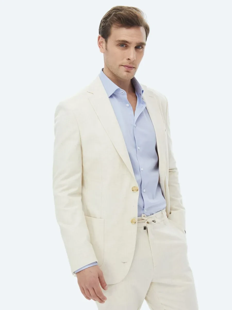 Ecru Patterned Modern Fit Cotton Blended Suit - 4