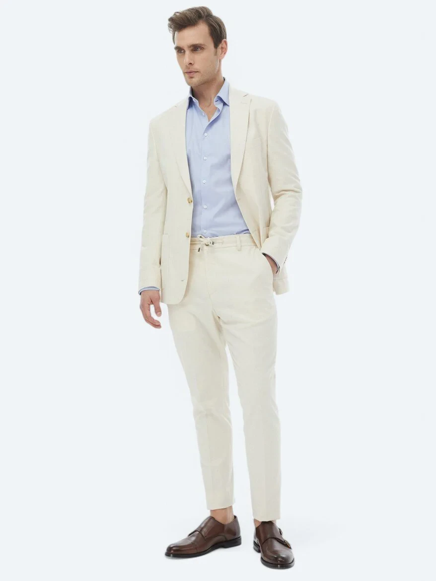 Ecru Patterned Modern Fit Cotton Blended Suit - 5
