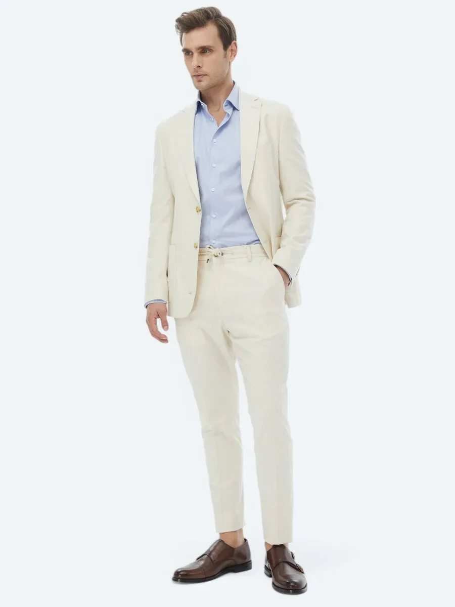 Ecru Patterned Modern Fit Cotton Blended Suit - 5