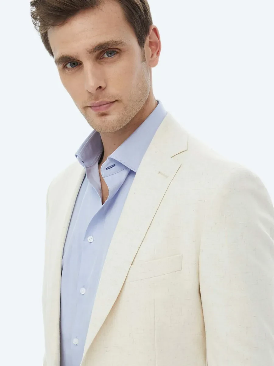 Ecru Patterned Modern Fit Cotton Blended Suit - 7