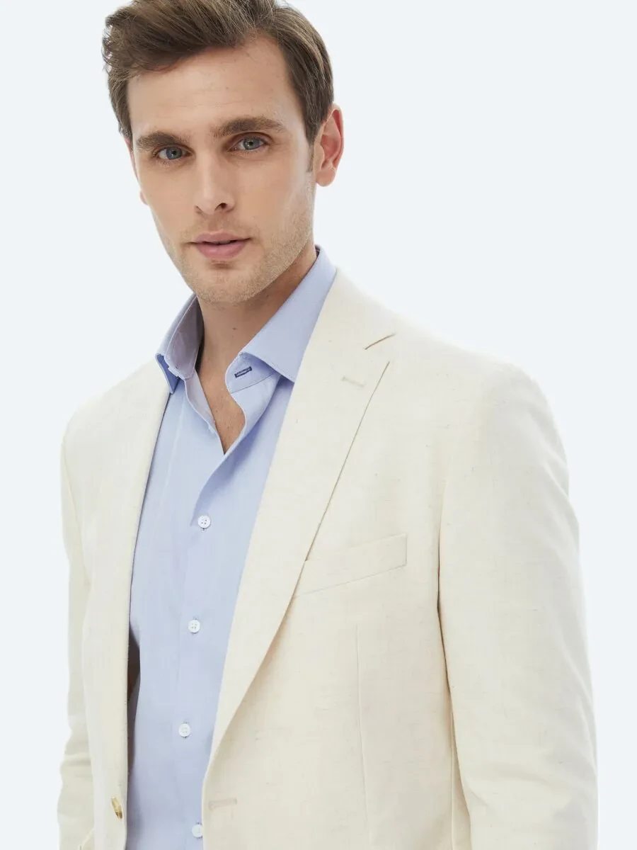 Ecru Patterned Modern Fit Cotton Blended Suit - 8