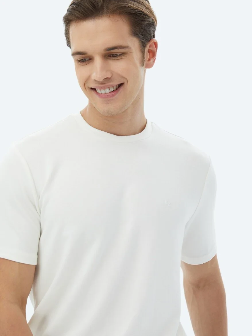 Ecru Plain Crew Neck T-Shirt - 3