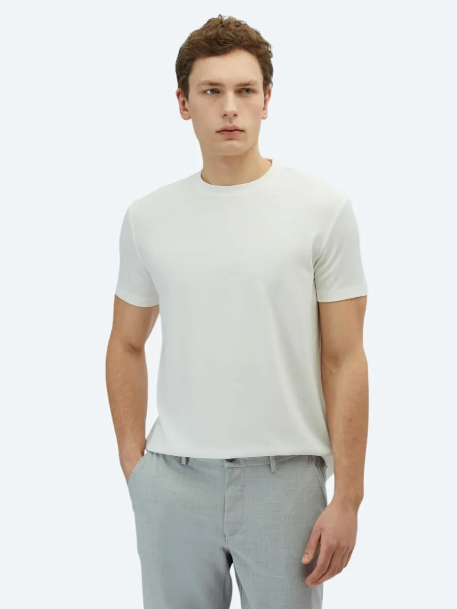 Ecru Plain Crew Neck T-Shirt - 1