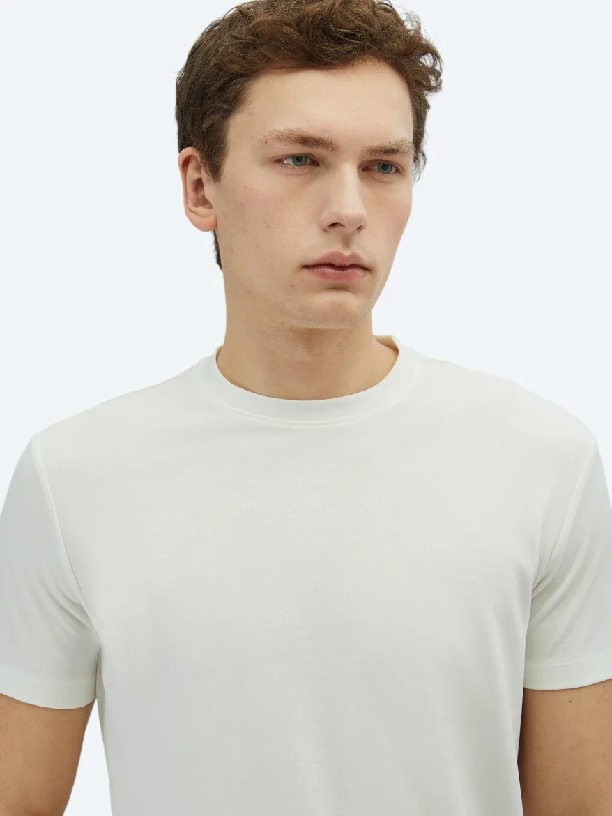 Ecru Plain Crew Neck T-Shirt - 3