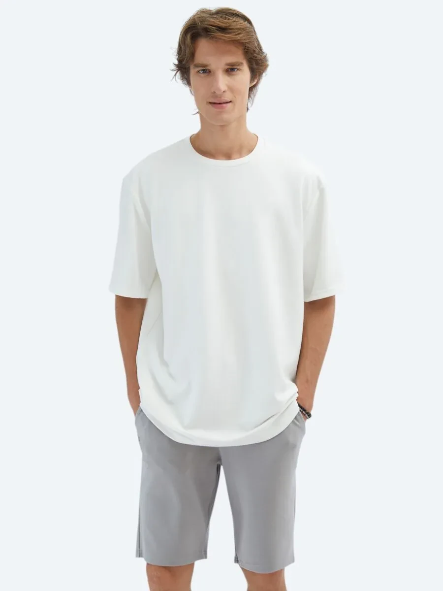 Ecru Plain Crew Neck T-Shirt - 1