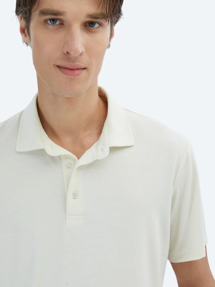Ecru Plain Recycled Polo Neck T-Shirt - 3