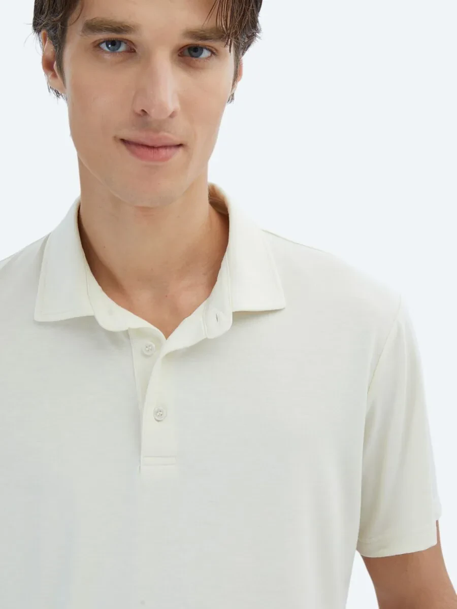 Ecru Plain Recycled Polo Neck T-Shirt - 3