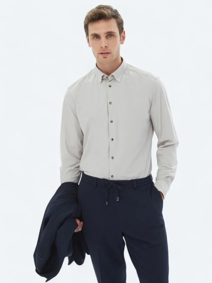 Ecru Plain Regular Fit Knitting Casual Shirt - 1