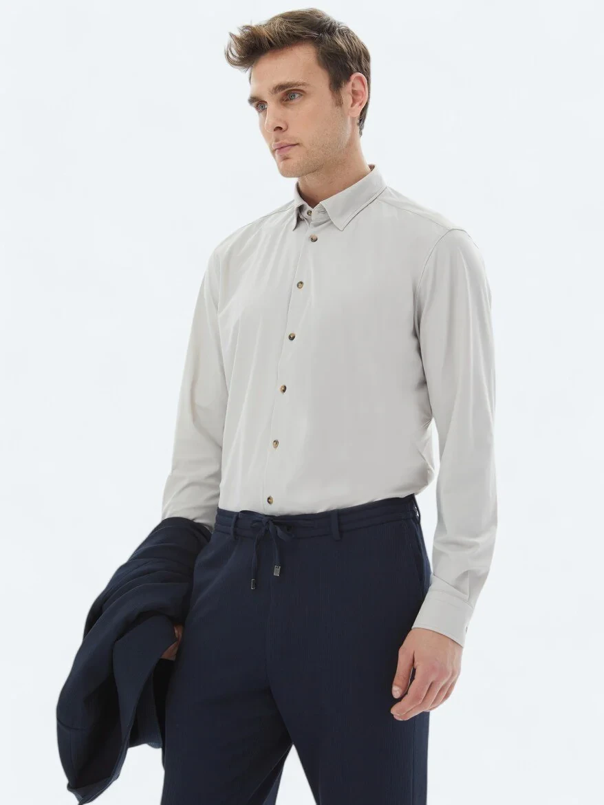 Ecru Plain Regular Fit Knitting Casual Shirt - 3