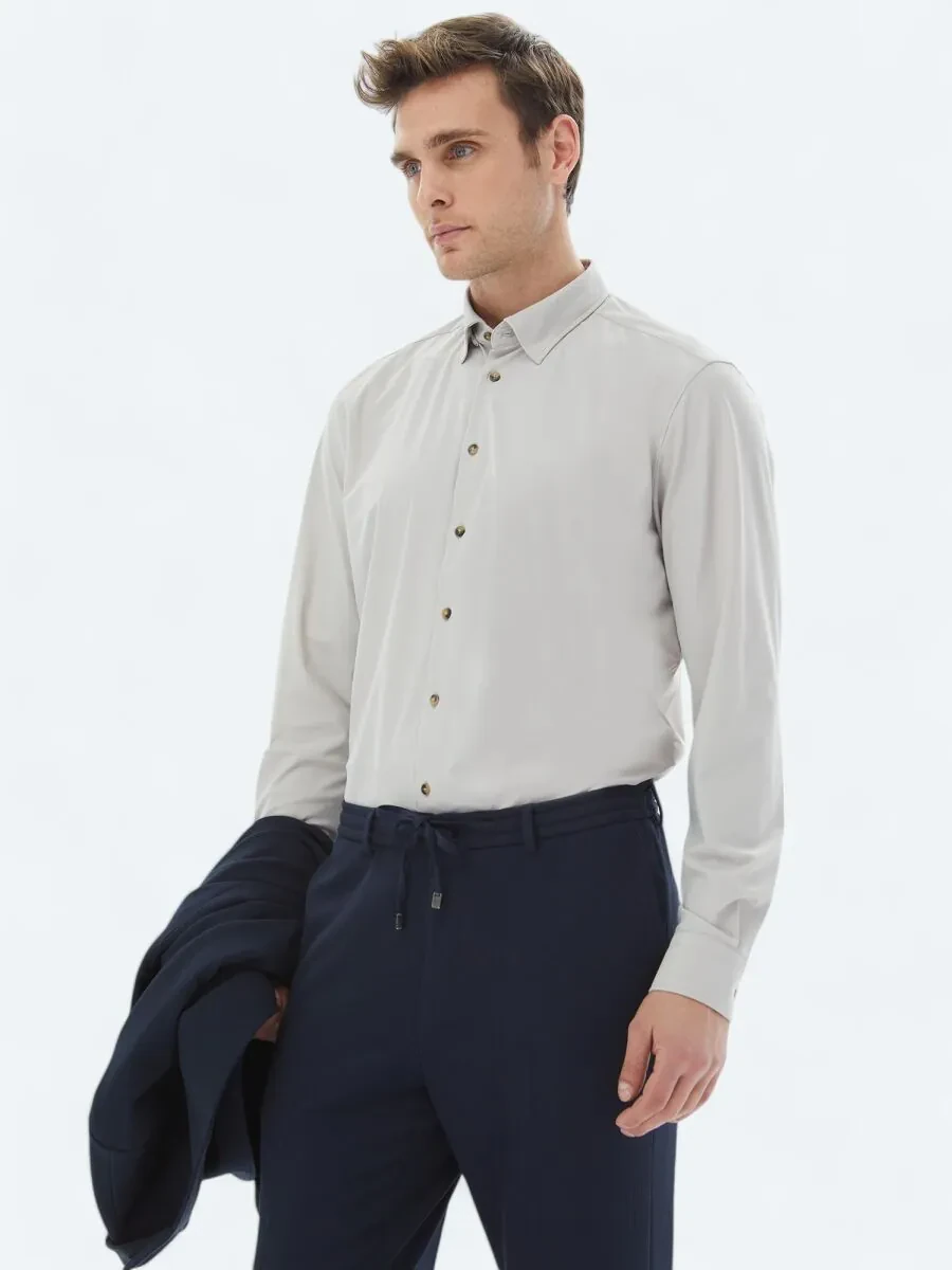Ecru Plain Regular Fit Knitting Casual Shirt - 3