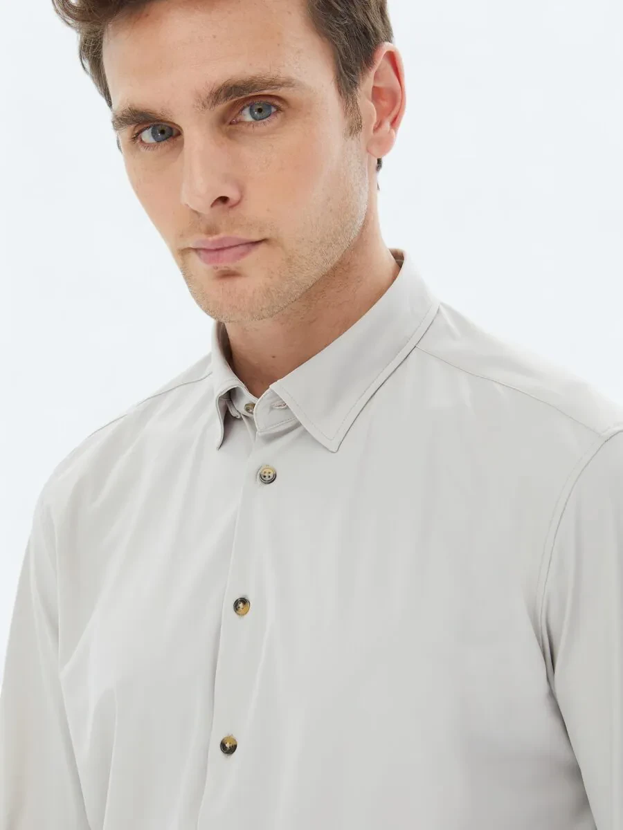 Ecru Plain Regular Fit Knitting Casual Shirt - 4