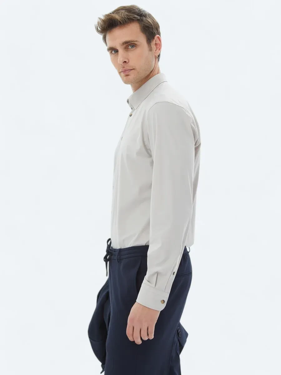 Ecru Plain Regular Fit Knitting Casual Shirt - 5