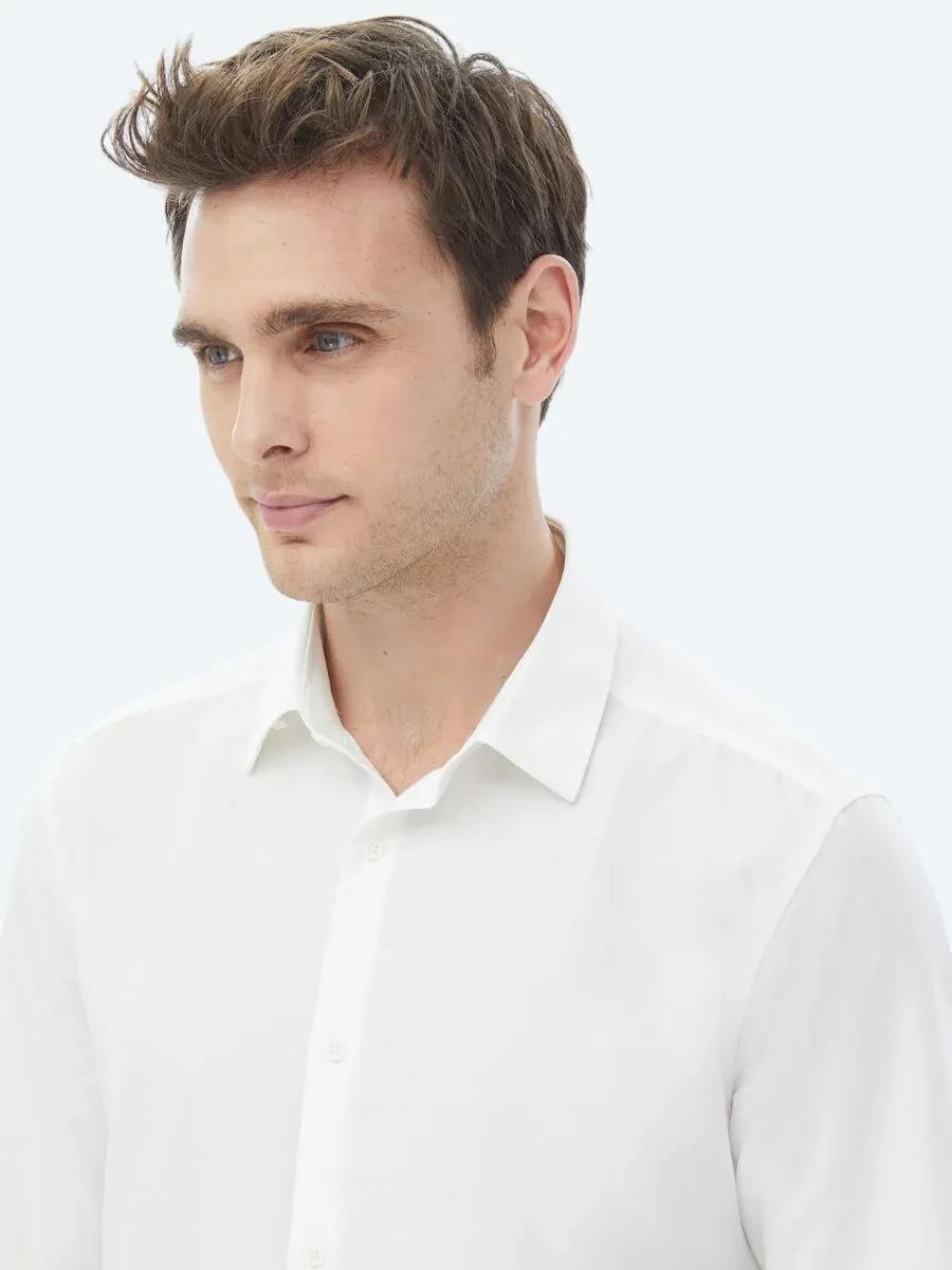 Ecru Plain Regular Fit Weaving Casual Cotton Blended Shirt - 4