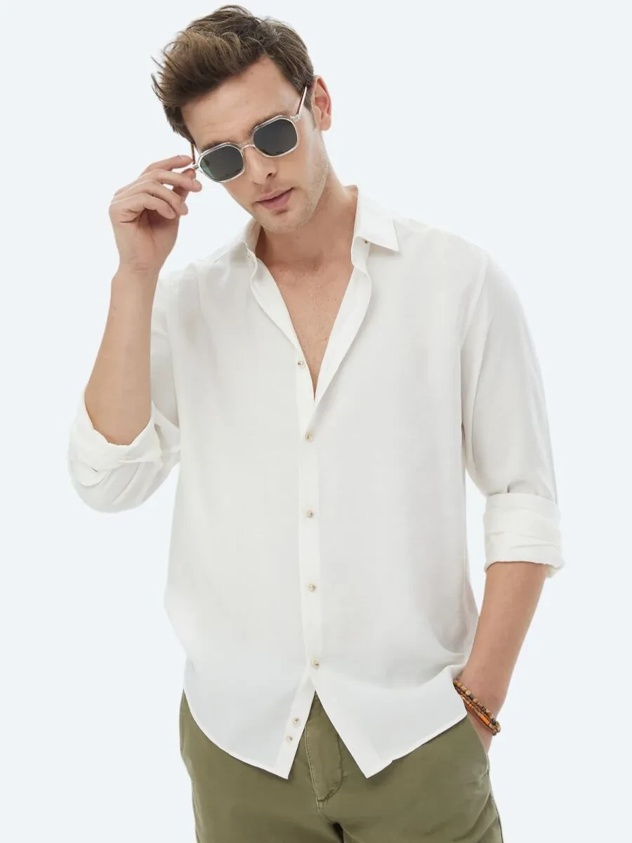 Ecru Plain Regular Fit Weaving Casual Shirt - 1
