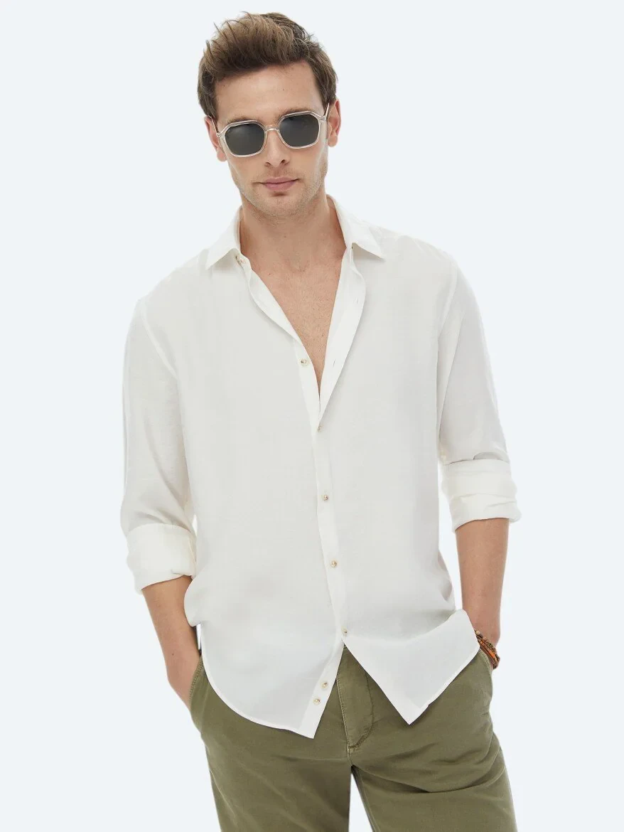 Ecru Plain Regular Fit Weaving Casual Shirt 