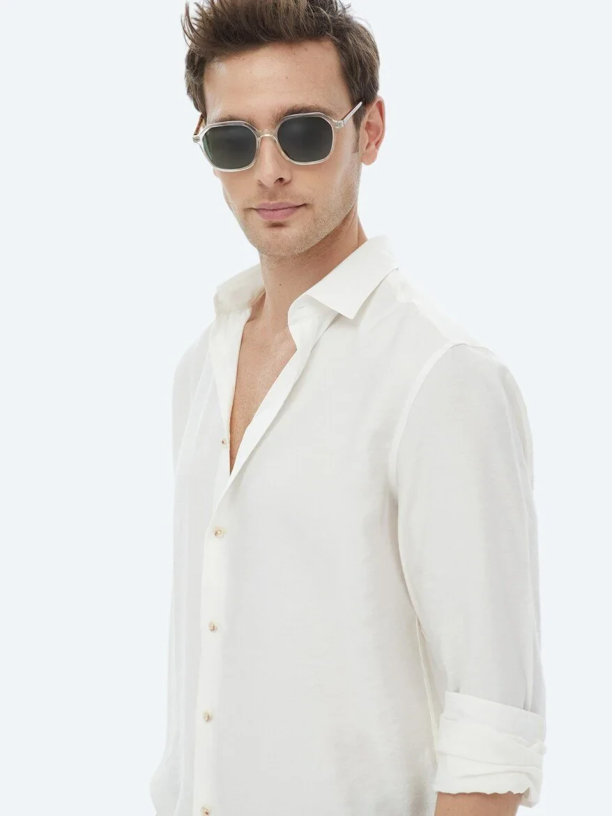 Ecru Plain Regular Fit Weaving Casual Shirt - 8