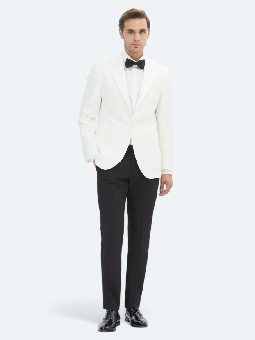 Ecru Plain Slim Fit Double Breasted Collar Weaving Tuxedo - 2