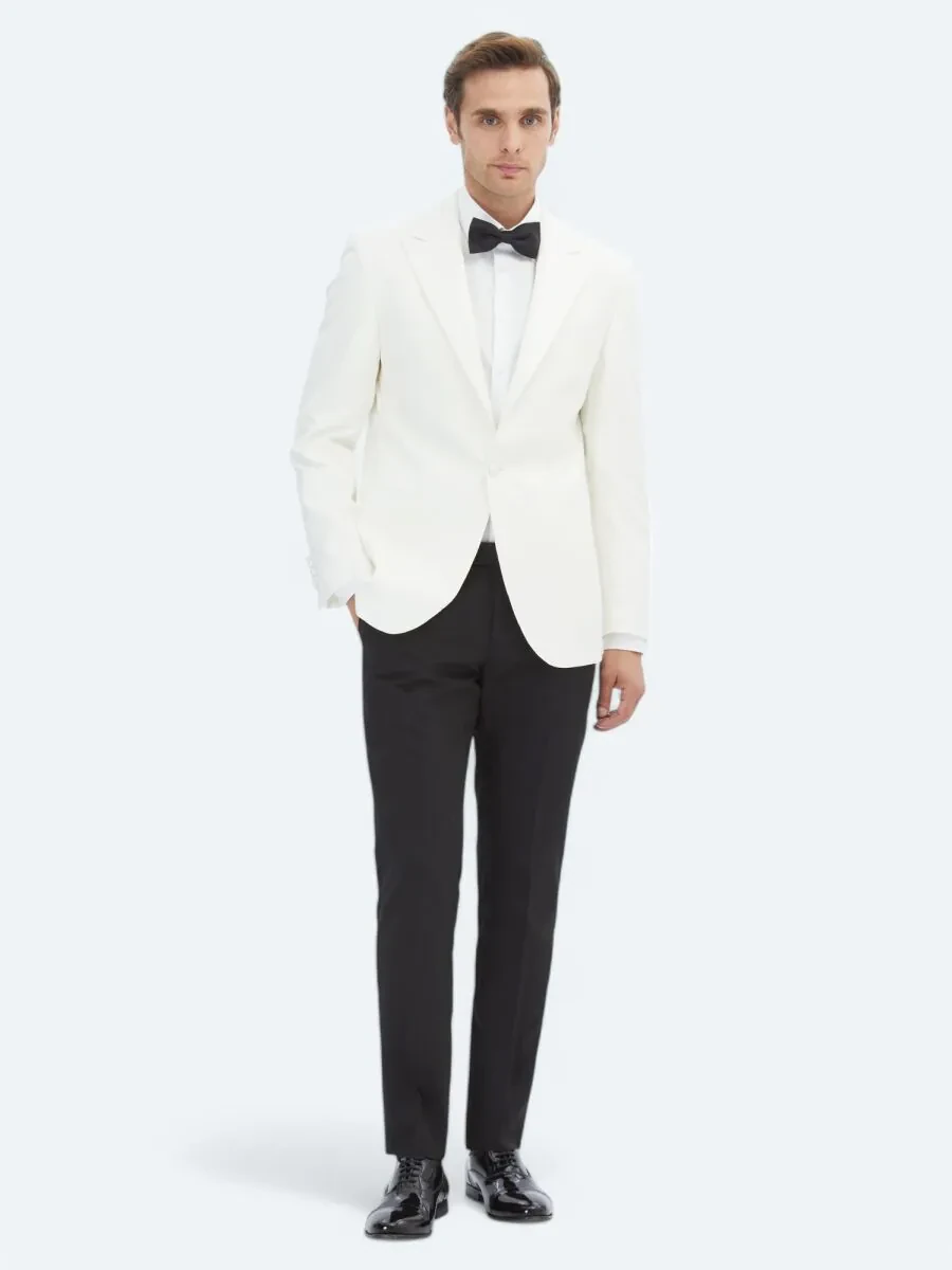 Ecru Plain Slim Fit Double Breasted Collar Weaving Tuxedo - 2