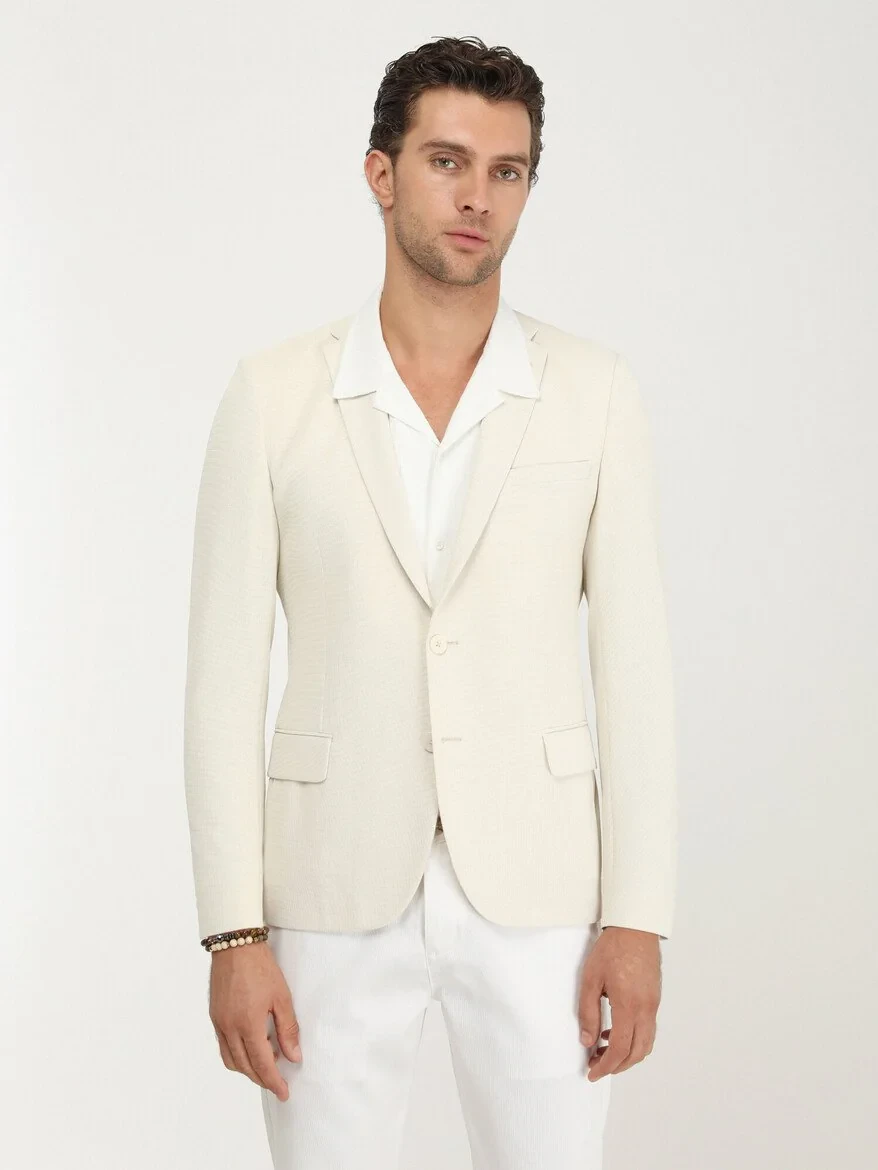 Ecru Plain Slim Fit Jacket - 1