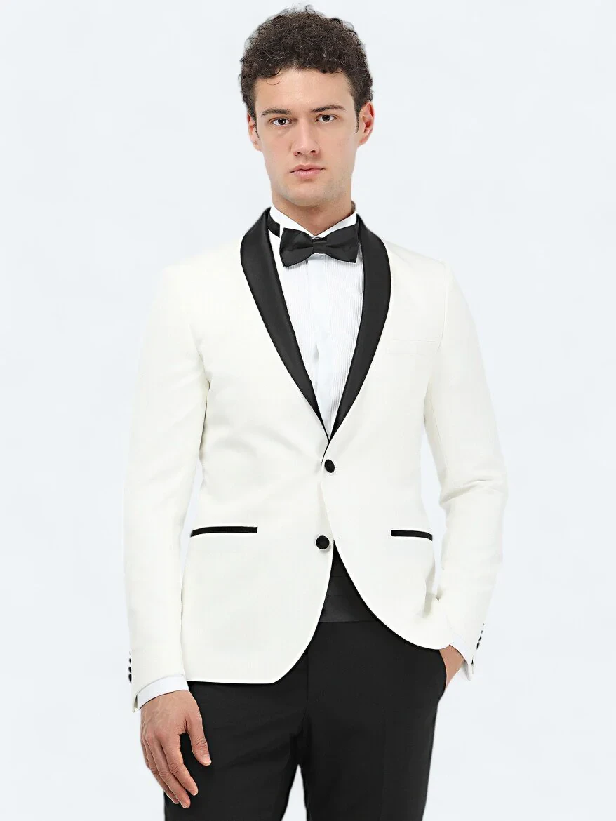 Ecru Plain Slim Fit Shawl Collar Weaving Tuxedo - 1