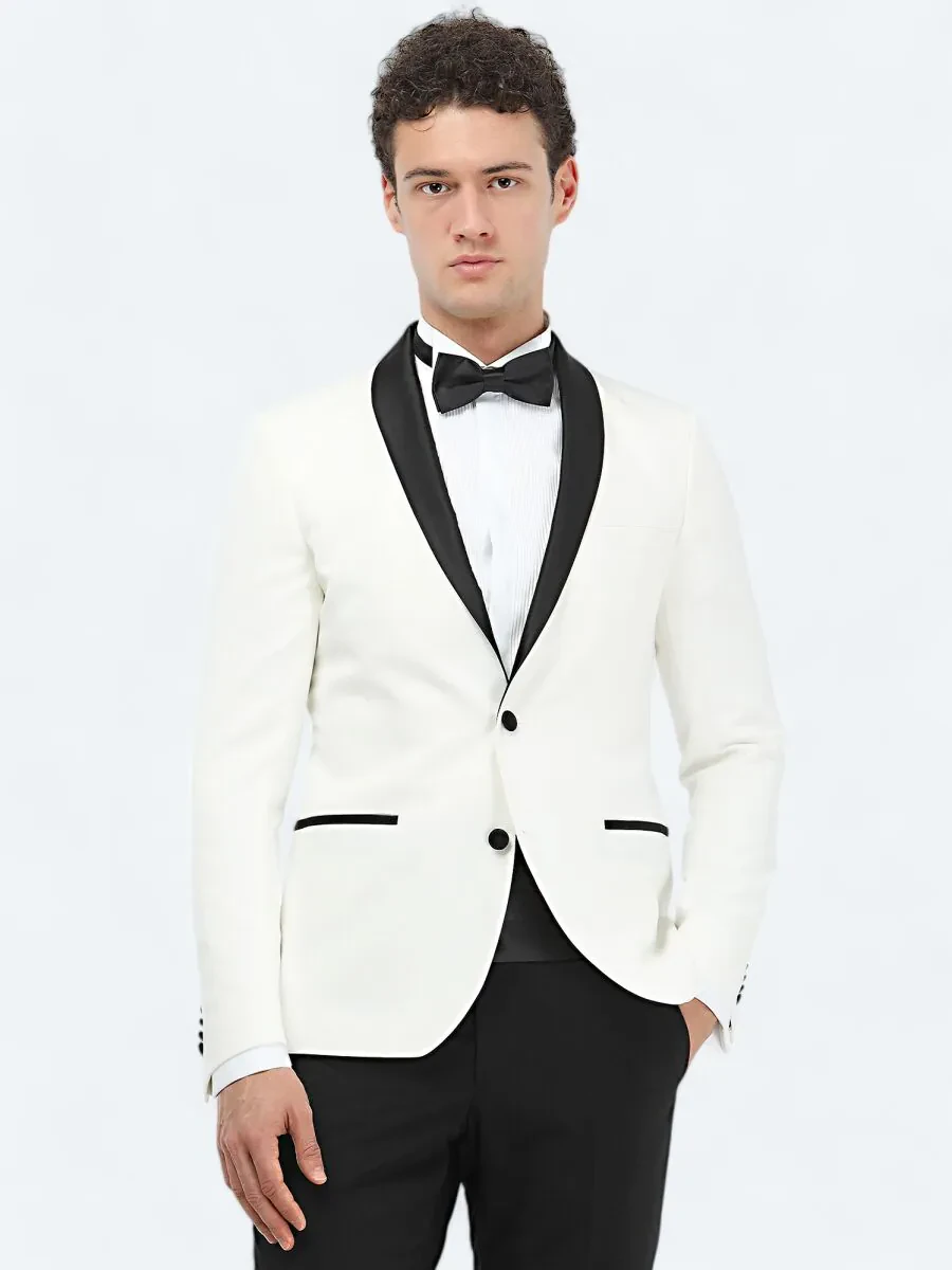 Ecru Plain Slim Fit Shawl Collar Weaving Tuxedo - 1