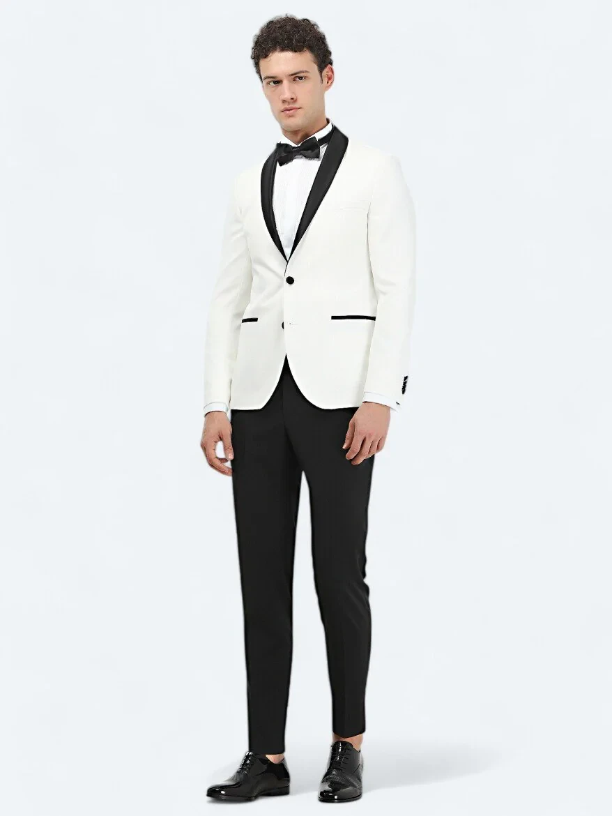 Ecru Plain Slim Fit Shawl Collar Weaving Tuxedo - 2