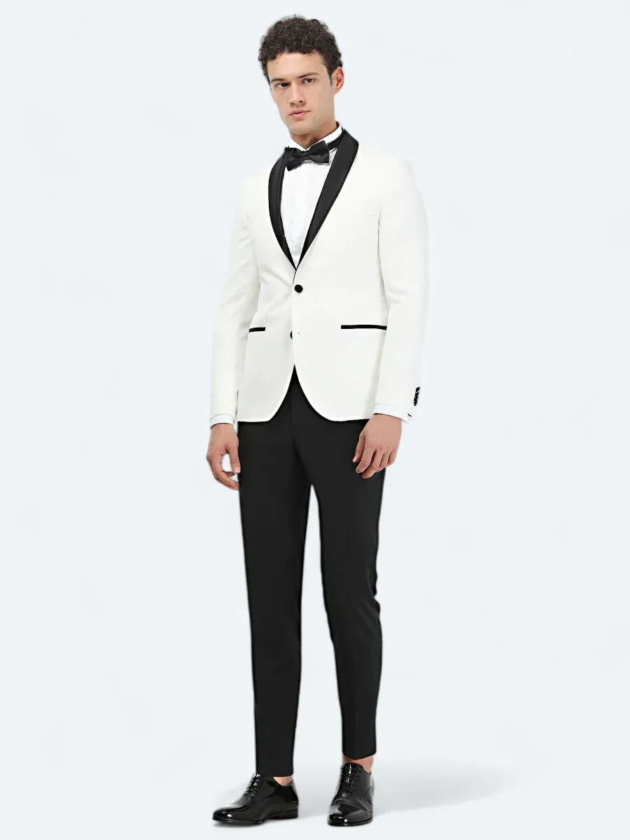 Ecru Plain Slim Fit Shawl Collar Weaving Tuxedo - 2