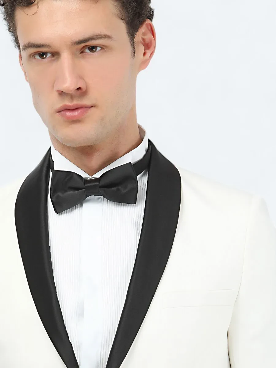 Ecru Plain Slim Fit Shawl Collar Weaving Tuxedo - 3