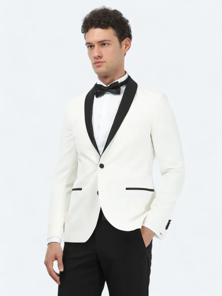 Ecru Plain Slim Fit Shawl Collar Weaving Tuxedo - 4