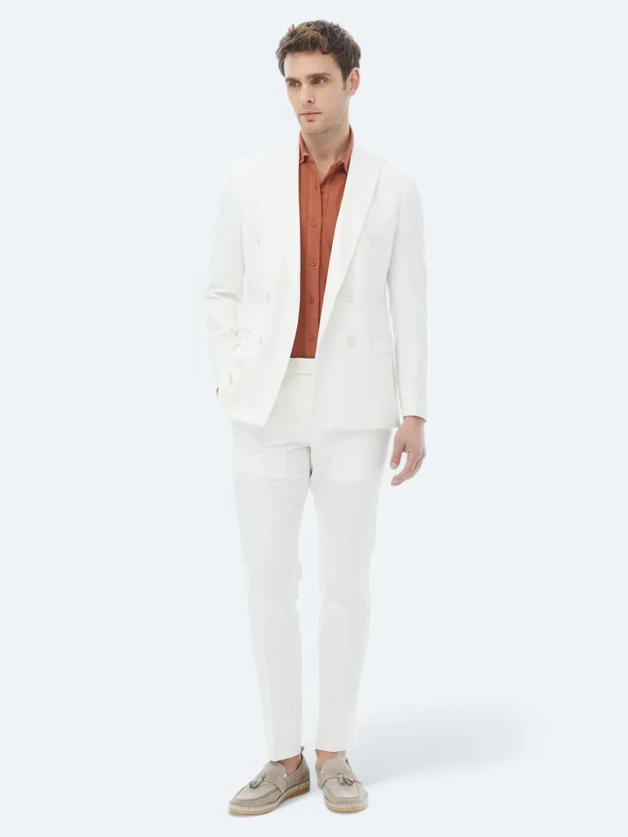 Ecru Plain Slim Fit Suit - 3