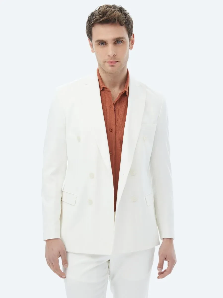 Ecru Plain Slim Fit Suit - 4